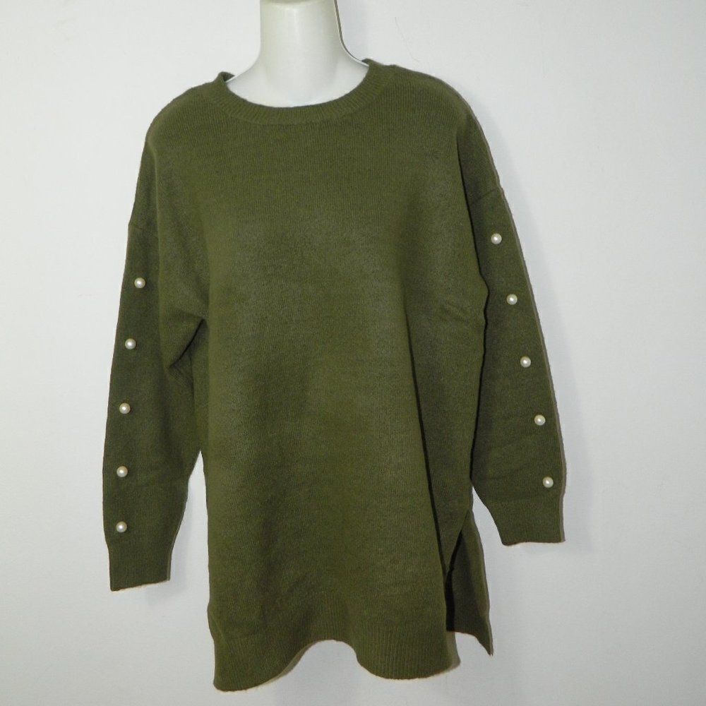 Zara Knits Sweater Army Green  Pearls Sleeves Tunic Length Jumper‎